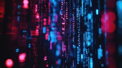 Abstract Digital Code with Blue and Red Glowing Lights