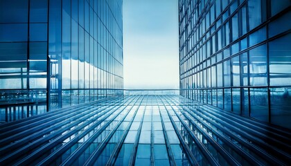 A vast, modern corridor between two glass buildings, characterized by sleek lines and a serene blue light illuminating the space.