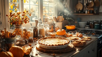 Poster - A Thanksgiving baking table filled with ingredients for pumpkin pie, cinnamon, nutmeg, and cloves, with pies in the oven, cookies cooling on racks,