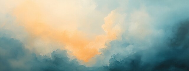 a painting of a cloudy sky with a bright orange sun in the middle