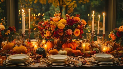 Poster - A Thanksgiving dining table with a centerpiece of glowing candles, colorful gourds, and autumn flowers, surrounded by vibrant fall leaves,