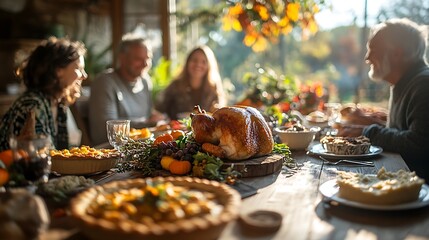 Wall Mural - A Thanksgiving gathering around a rustic wooden table filled with food, turkey as the centerpiece, pies, mashed potatoes, and fall decor, family members laughing,