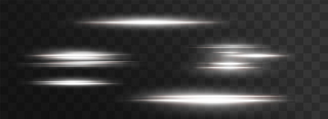 Aufkleber - White horizontal lens flares pack. Laser beams, horizontal light rays. Beautiful light flares. Glowing streaks on dark background. Collection effect light white line png.	
