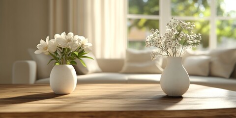 Two white vases with flowers on a wooden table