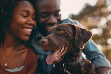 Couple with a dog exploring pet adoption at an animal shelter, showing love and care for animals in need, fostering connection and support for homeless pets