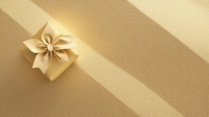 Poster - Delicate light-textured background features a small gift box elegantly tied with a bow, perfect for celebrations or special events. Generative AI