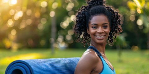 Back view of a smiling woman with a yoga mat in a park, embracing nature for a healthy and fit lifestyle, prepared for a pilates session on the grass