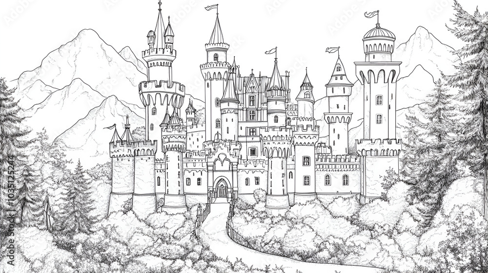 Fantasy castle coloring book page, royal palace outline drawing for ...