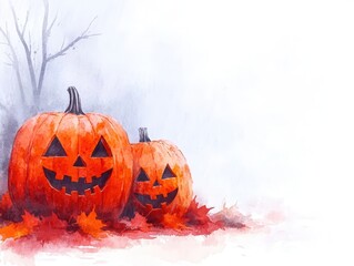 Sticker - Watercolor Jack-O-Lantern Pumpkins with Fall Leaves