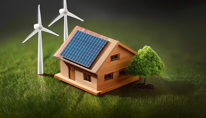 A miniature eco-friendly house with solar panels and wind turbines, set on green grass, symbolizing renewable energy and sustainable living.