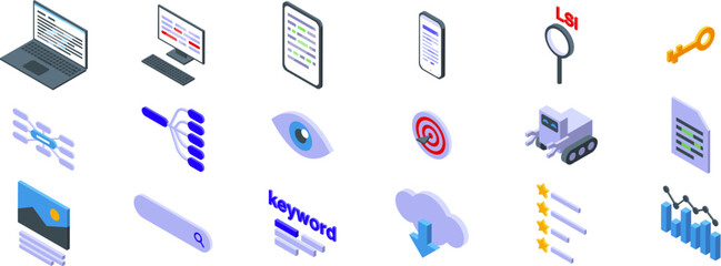 Lsi keywords icons set. Search engine optimization specialist is analyzing website traffic with laptop and modern software for keyword research