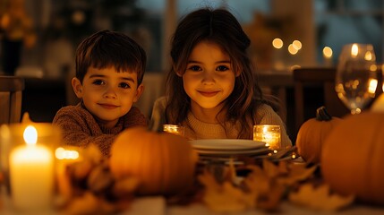 Wall Mural - Children helping set the Thanksgiving table with their parents, placing plates and arranging pumpkins and autumn leaves, laughter and smiles creating a warm and joyful atmosphere,