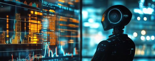 Futuristic robot analyzing data on a digital screen, showcasing advanced technology in a modern environment.
