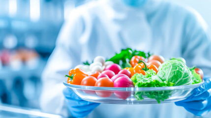 Wall Mural - a chef in a white uniform holds a glass platter filled with vibrant, fresh vegetables including toma
