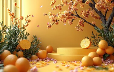Leinwandbilder - Circle plinth with Chinese water wave pattern and gold border on yellow abstract background for Chinese new year