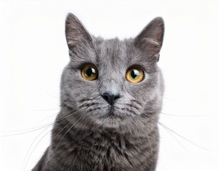 Sweet young adult solid blue British Shorthair cat kitten laying down front view, looking at camera with orange eyes and one paw hanging over edge, isolated on white background