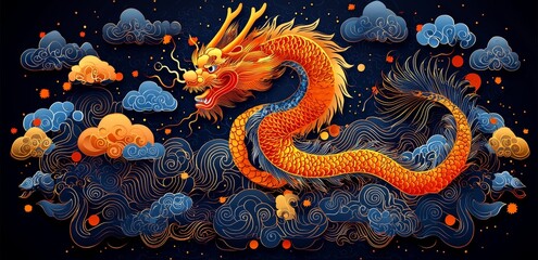 Wall Mural - Greetings in the Chinese New Year of the Blue Dragon 2024, the Zodiac sign of the Blue Dragon, on a blue background with a Zodiac sign Dragon.