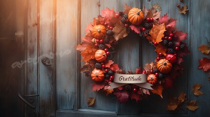 Wall Mural - A beautiful autumn wreath made of vibrant orange and red leaves, berries, and small pumpkins, with a ribbon that reads 