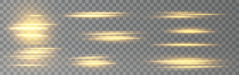 Aufkleber - Gold horizontal lens flares pack. Laser beams, horizontal light rays. Beautiful light flares. Glowing streaks on light background. Collection effect light gold line png.	