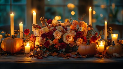 Canvas Print - A beautiful Thanksgiving centerpiece with flickering candles, pumpkins, and autumn flowers in shades of orange and red, arranged with fall leaves on a rustic dining table,