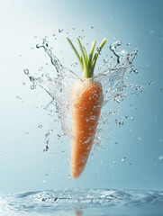 Fresh carrot splashing into water with dynamic motion