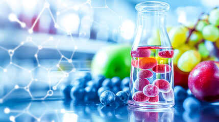 A glass flask filled with colorful pills sits on a shiny lab table, surrounded by fresh fruits like grapes, apples, and cherries, showcasing the blend of science and healthy nutrition