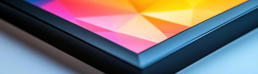 Closeup of a black frame mockup displaying a modern art print, bright natural lighting, ultrarealistic detail of frame edges and vibrant print colors