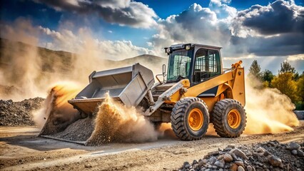 Skid steer loader at work, with dust and gravel in motion