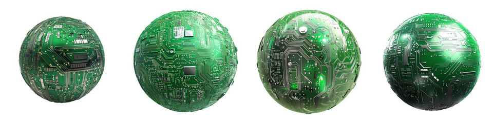 Futuristic green circuit board spheres representing advanced digital intelligence and innovative engineering solutions  Abstract background with high tech microchip patterns and electronic components