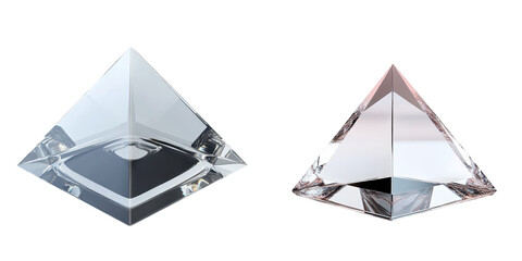 Wall Mural - pair of transparent crystal prism pyramids reflecting light in a minimalist contemporary studio sett