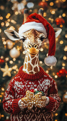 Xmas vibes - christmas mood - happy funny cute giraffe wearing santa claus hat in front of christmas tree. Vertical banner for instagram story, reel or tiktok