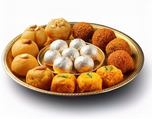 Indian sweets in a plate includes Gulab Jamun, Rasgulla, kaju katli, morichoor / Bundi Laddu, Gujiya or Karanji for diwali celebration