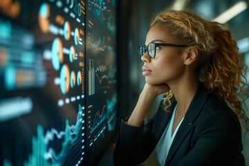 African American woman wearing glasses working in front of a large digital data display, analyzing information. Professional business environment, represents technology, data-driven work,