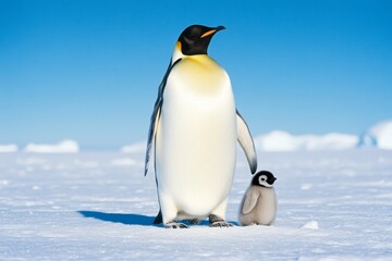 An adult emperor penguin stands protectively beside its fluffy chick on a snowy Antarctic landscape under a bright blue sky