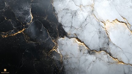 Poster - Luxurious black and white marble features striking gold veins, creating a stunning contrast that adds elegance to interiors. Perfect for modern design and sophisticated aesthetics.