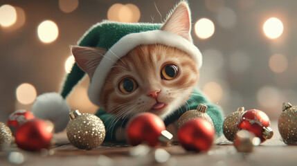 playful cat in festive elf outfit is surrounded by colorful Christmas ornaments, creating joyful holiday atmosphere. cats big eyes and cute expression add to charm of scene