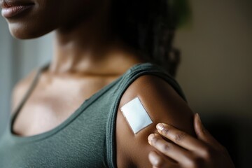 close-up of african american woman applying contraceptive nicotine patch
