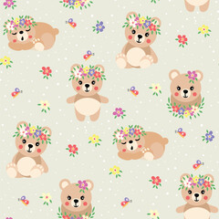 Wall Mural - Seamless background pattern of spring teddy bear with flowers