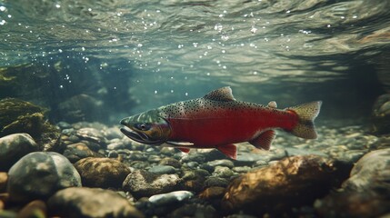 Red salmon underwater in river close up, mountain salmon spawning in water or fish migration with space for text or captions