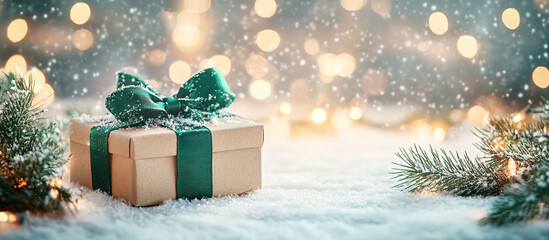 Wall Mural - Christmas Gift Box in Snow with Festive Bokeh Lights