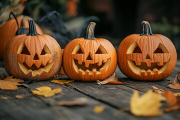 Generative AI photo of funny halloween pumpkins outdoors horror autumn night decor