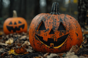 Generative AI photo of funny halloween pumpkins outdoors horror autumn night decor