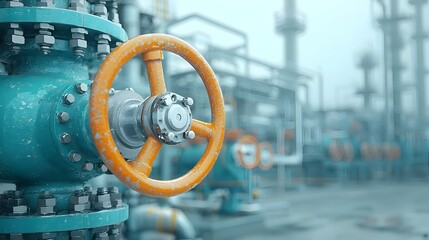 Leinwandbilder - Closeup view of a metal refinery valve actively processing and controlling the flow of fuel under high pressure in an industrial manufacturing setting