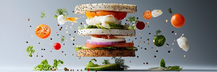 Wall Mural - conceptual food composition featuring the various ingredients of a sandwich such as bread cheese let