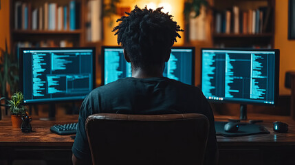 focused individual works on multiple computer screens, immersed in coding