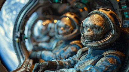Wall Mural - four extraterrestrial beings are seated in a high-tech spacecraft, gazing out at the vibrant view of