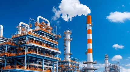 Poster - Detailed close up view of refinery pipes with steam rising highlighting the active fuel processing and industrial energy production at the facility
