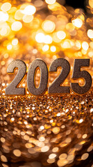 Golden numbers wishing a Happy New Year 2025 over festive background.