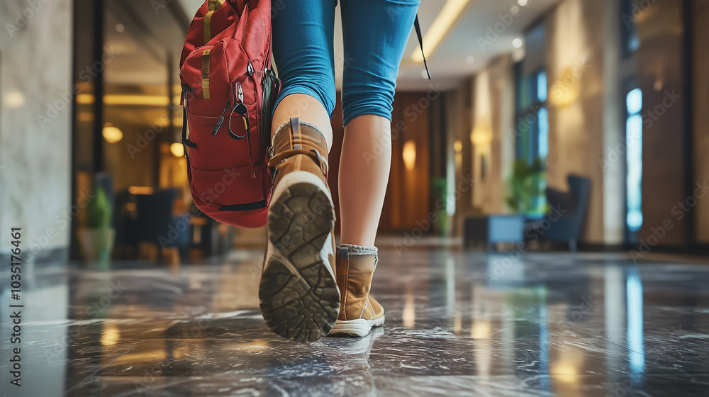 back view of a backpacker's feet walking in a hotel lobby Stock ...
