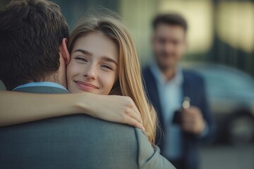 Smiling young woman embracing a man, celebrating a joyful moment outdoors.